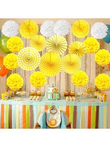 1/10/14pcs Wedding Party Decor Paper Flower Ball, Paper Flower Fan, Pull Flag Set, Birthday Party Backdrop Decoration Pom Poms, Suitable For Holiday Decor, Summer Props, Anniversary, Wedding Valentine's Day Yard Decor - Yellow Paper Flower Ball Set - View 1