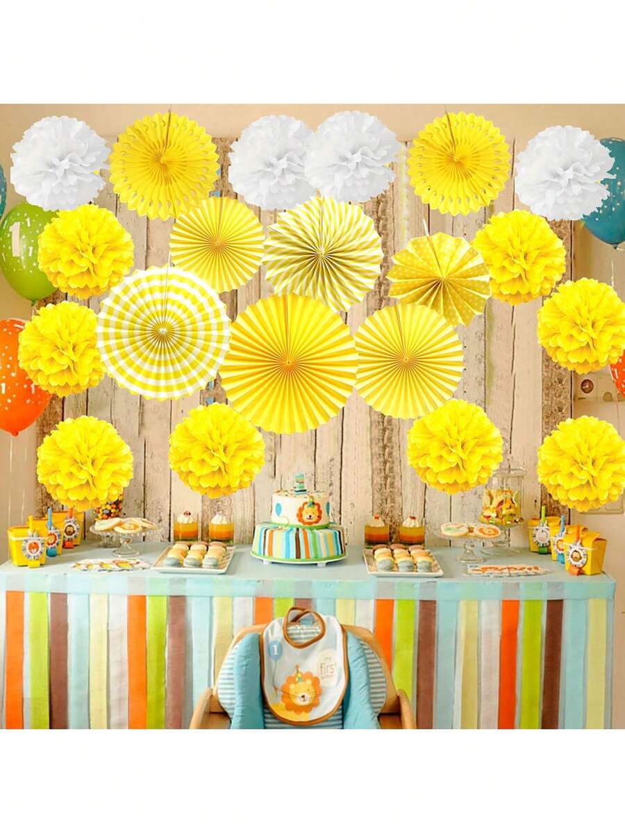 1/10/14pcs Wedding Party Decor Paper Flower Ball, Paper Flower Fan, Pull Flag Set, Birthday Party Backdrop Decoration Pom Poms, Suitable For Holiday Decor, Summer Props, Anniversary, Wedding Valentine's Day Yard Decor - Yellow Paper Flower Ball Set - View 1