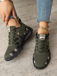 Women's Solid Color Mesh Camo Print Lace-Up Casual Sneakers, Lightweight And Versatile For All Seasons - Army Green - View 4