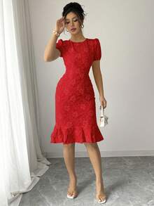 2025 Spring/Summer Women's Elegant Christmas Jacquard Solid Color Round Neck Ruffle Hem Puff Sleeve Mid-Length Dress - Red - View 5