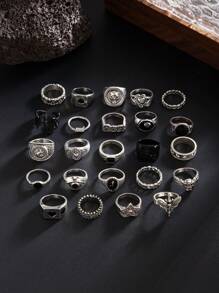 24pcs Fashionable Street Punk Style Skull & Letter Print Rings Set, Men's Casual Everyday Accessories