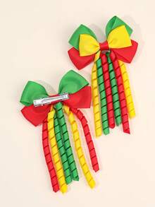 2pcs Colorful Korker Hair Bow Clips For Toddlers Girls ,Red-Yellow-Green Hair Pins With Multi Tails ,Satin Ribbon Alligator Clips ,Kids Teens Hair Accessories,Children Gifts - Multicolor - View 5