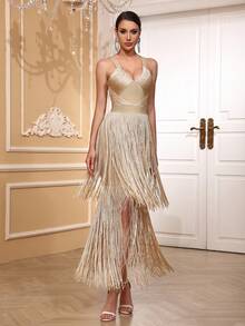 Girsdy香槟色夏季性感法式吊带露背深V领紧身连衣裙，优雅适合派对、婚礼、商务场合，春季必备 - 香檳色 - 查看 6