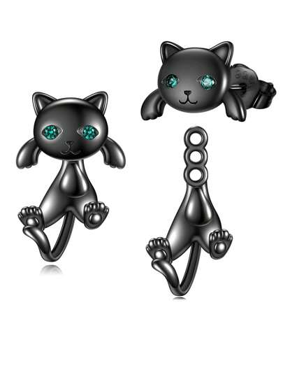 1 Pair 925 Sterling Silver & 18K Gold Plated Cute Minimalist Black Cat Earrings, Suitable For Daily Wear, Holiday Theme, All Seasons