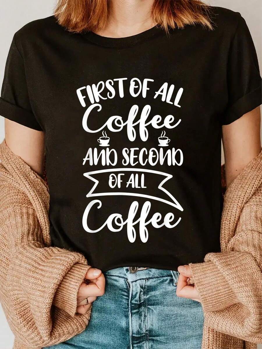 "Camiseta gráfica de manga corta y cuello redondo negra de algodón de 180 g para mujer con estampado 'First of All Coffee and Second of All Coffee' - Camiseta informal y cómoda para amantes del café para uso diario, top moderno, suave y transpirable con temática de café" - Negro - Ver 1