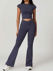 2Piece Set Women's Solid Crop High Waist Biker Pants Tracksuit Set, Flare Bottoms Legging Streetwear Tracksuit, Sporty Breathable Comfy Outfits For Gym Workout Running, Ladies Sportswear, Minimalistic Outfit - Xanh xám - Xem 2