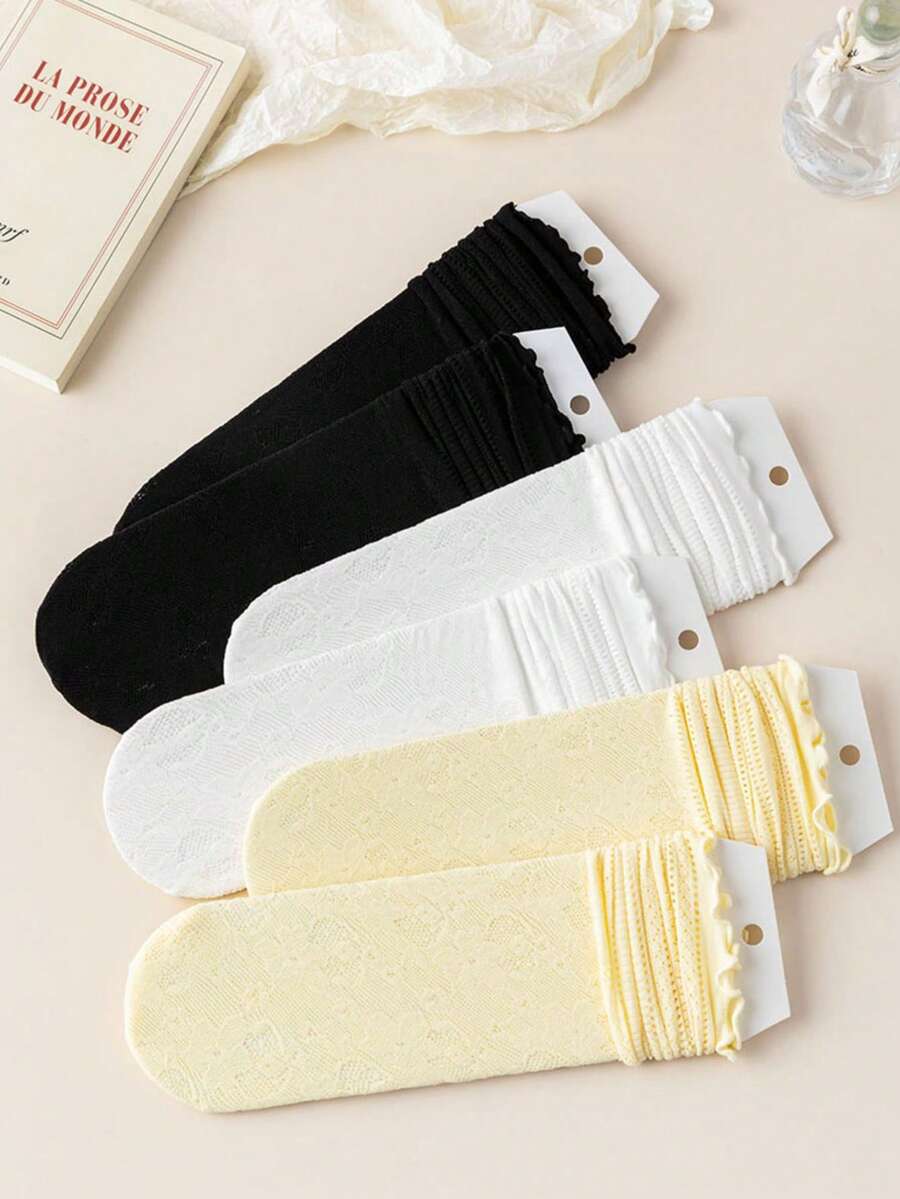 6 Pairs Women's Spring/Summer Flounced Moisture-Wicking Breathable Versatile Mid-Calf Crew Socks - Multicolor - View 1