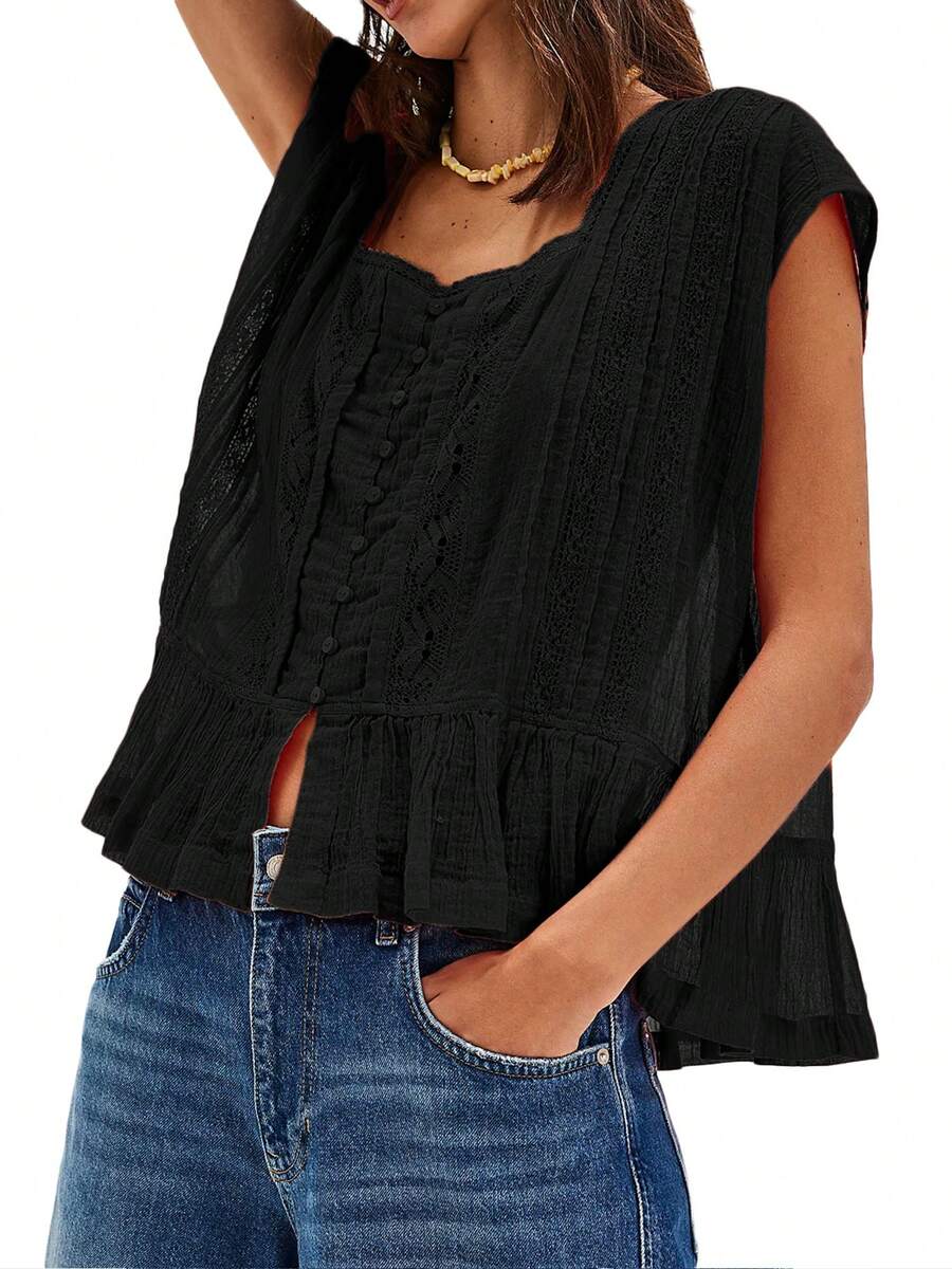 Women Summer Boho Tie Front Lace Trim Tank Tops Y2k Flowy Frilly Chiffon Vest Beach Button Ruffle Eyelet Tank Tops - 黑色 - 查看 1