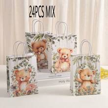 24/1 Set Forest Tiger, Bear, Lion, Leopard Animal Kraft Paper Gift Bags, Birthday Party Favor Bags With Handles
