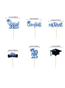 12pcs/Set 2025 Graduation Cupcake Toppers, 2025 Shiny Graduation Cupcake Decorations, 2025 Grad Class Congratulations Graduation Cap & Diploma Cupcake Picks, 2025 Blue And Black, Gold