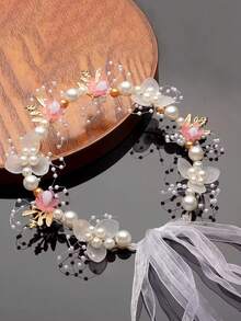 1 Pc Girls/Teens Metallic 3-Prong Leaf & Pearl Decor Hair Accessories, Fairy/Princess Headband - Pink - View 2