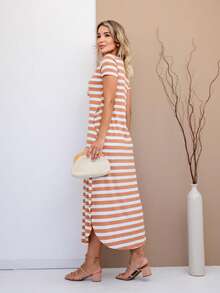Long Dress Short Sleeve Fashion Comfy Super Comfortable With Pocket - Beige - View 2
