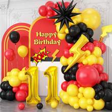 5, 6, 7, 8, 9, 10, 11, 12 Years Old Birthday Red, Black, Yellow Latex Balloon Arch Set & 32" Gold Numeral & Yellow Foil Balloon Set, Cartoon Theme, Birthday Party Decoration