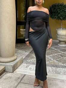 夏季新款黑色露肩网纱拼接长袖连衣裙女休闲显瘦微透不规则设计长裙适合度假聚会 - 黑色 - 查看 1