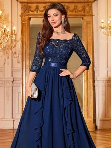 MIUSOL Đầm maxi dự tiệc trang trọng, đầm dạ hội, đầm dự tiệc, đầm cưới, đầm dự lễ tình nhân, đầm mùa xuân, phối ren hoa đính sequin, cổ vuông, tay lỡ 3/4, chất liệu chiffon, xếp ly bồng bềnh, viền bèo nhún. - Màu xanh hải quân - Xem 9