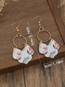 1 Pair Bohemian Floral Print Hoop & Wooden Slice Dangle Earrings, Copper Alloy Jewelry For Women, Metal Earring Hook Design, Suitable For All Seasons