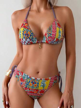 2pcs/Set Casual Sexy Elegant Backless Lace-Up Drawstring Bikini Swimsuit For Beach Vacation