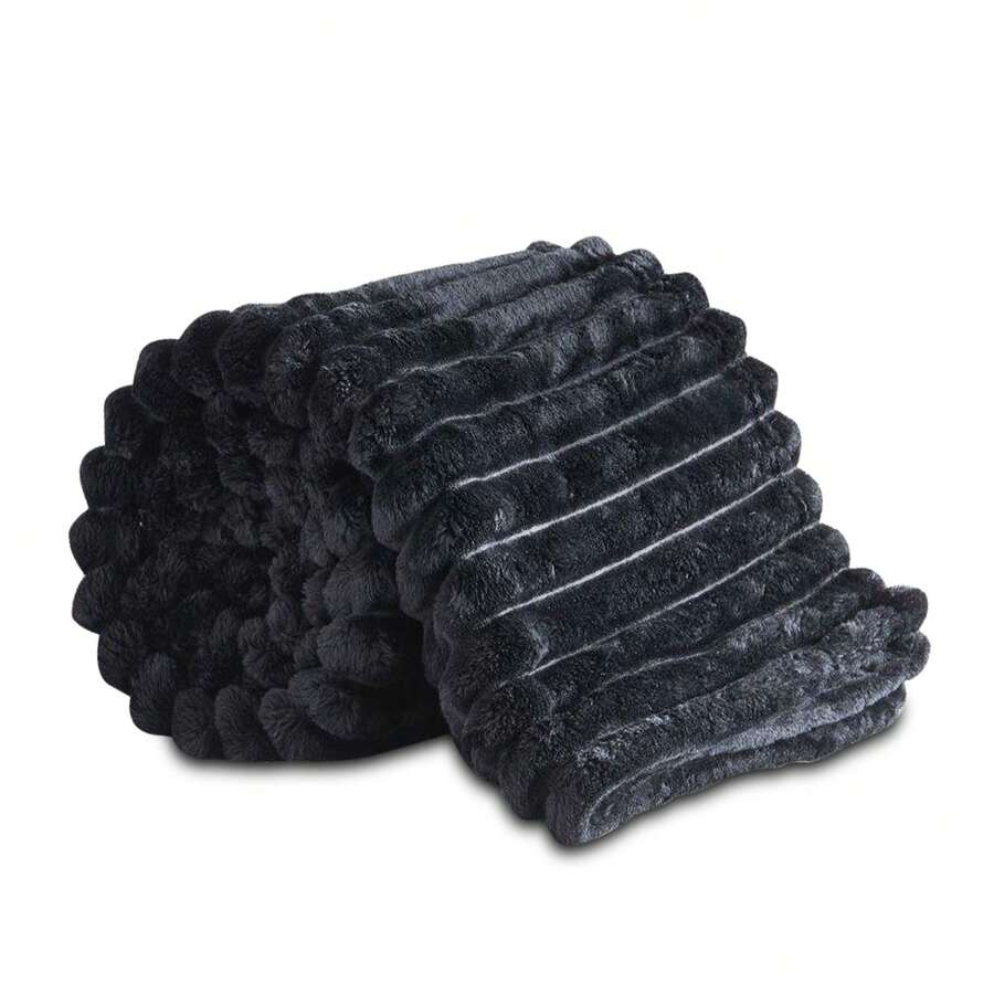 VELVETIO Osum Chunky Cord Ribbed Throws Soft Large Fluffy Cosy Sofa Bed Settee Blankets - Black - View 1