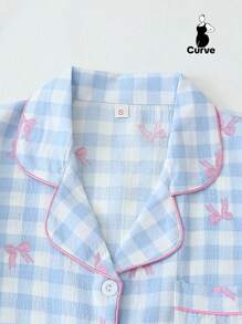 2pcs/Set Plus Size Women's Blue & White Plaid Bow Print Short Sleeve Collared Top With Pocket And Bow Shorts Pajamas Loungewear Set, Spring/Summer, Outfits