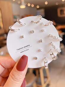 14pcs/Set Cute Faux Pearl, Glass, Rhinestone Butterfly, Pentagon, Star Shaped Earring Set, Suitable For Women, Daily Wear And Gift