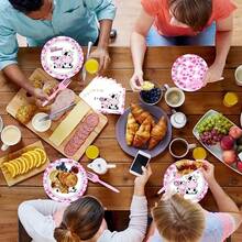 50pcs Pink Cow Themed Disposable Tableware Set, Includes 7in & 9in Paper Plates, Napkins, Cups, Thickened Disposable Tableware Set Suitable For Birthday Party, Theme Party, Outdoor Gathering, Family Gathering, Daily Use