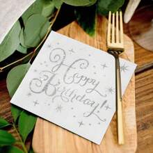 20pcs White Background Silver Foil Cocktail Napkins, Happy Birthday Decor, Folded Disposable Party Napkins, 2-Ply Paper Napkins, Suitable For Banquet, Party, Dinner