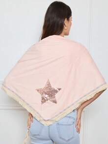 Large Suede Triangle Scarf With Sequined Star Fringe & Shell Hooks, Casual, Polyester - Baby Pink - View 4