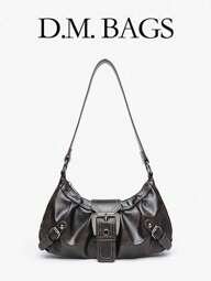 Bolso de motocicleta vintage suave y desgastado con remaches, hebilla, decoración de nube plisada, bolso de hombro/axila, adecuado para trabajo, viajes, citas, fiestas