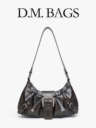 Y2K Vintage Soft Distressed Leather Motorcycle Bag With Rivet, Buckle, Pleated Cloud Decor, Shoulder/Underarm Bag, Suitable For Work, Commute, Date, Party, Street & Japanese Bag For Women, Halloween Purse Perfect For Fancy Party Halloween Fashion & Gothic Fashion