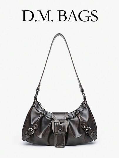 Y2K Vintage Soft Distressed Leather Motorcycle Bag With Rivet, Buckle, Pleated Cloud Decor, Shoulder/Underarm Bag, Suitable For Work, Commute, Date, Party, Street & Japanese Bag For Women, Halloween Purse Perfect For Fancy Party Halloween Fashion & Gothic Fashion , Vintage Bag