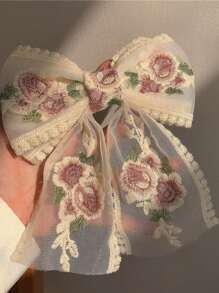 1pc Women's Embroidered Floral Ribbons Big Bow Hair Clip, French Lace Flower Hair Accessory