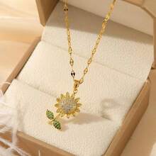 1pc Stylish And Elegant Stainless Steel Sunflower Pendant Necklace For Women, Suitable For Dating, Holiday, Gifts, Daily Wear, No Gift Box - Yellow Gold - View 3
