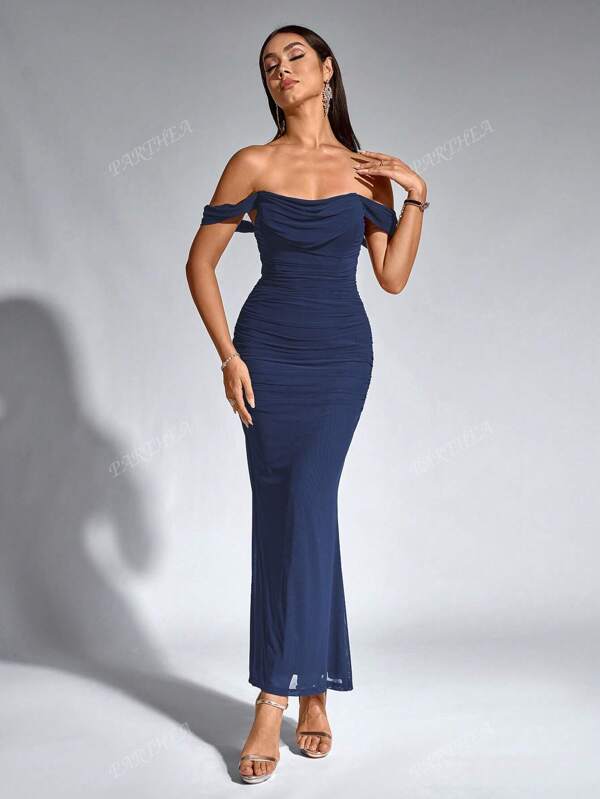 PARTHEA Vestido largo ajustado con volantes de malla, hombros descubiertos y bajo tipo cola de sirena