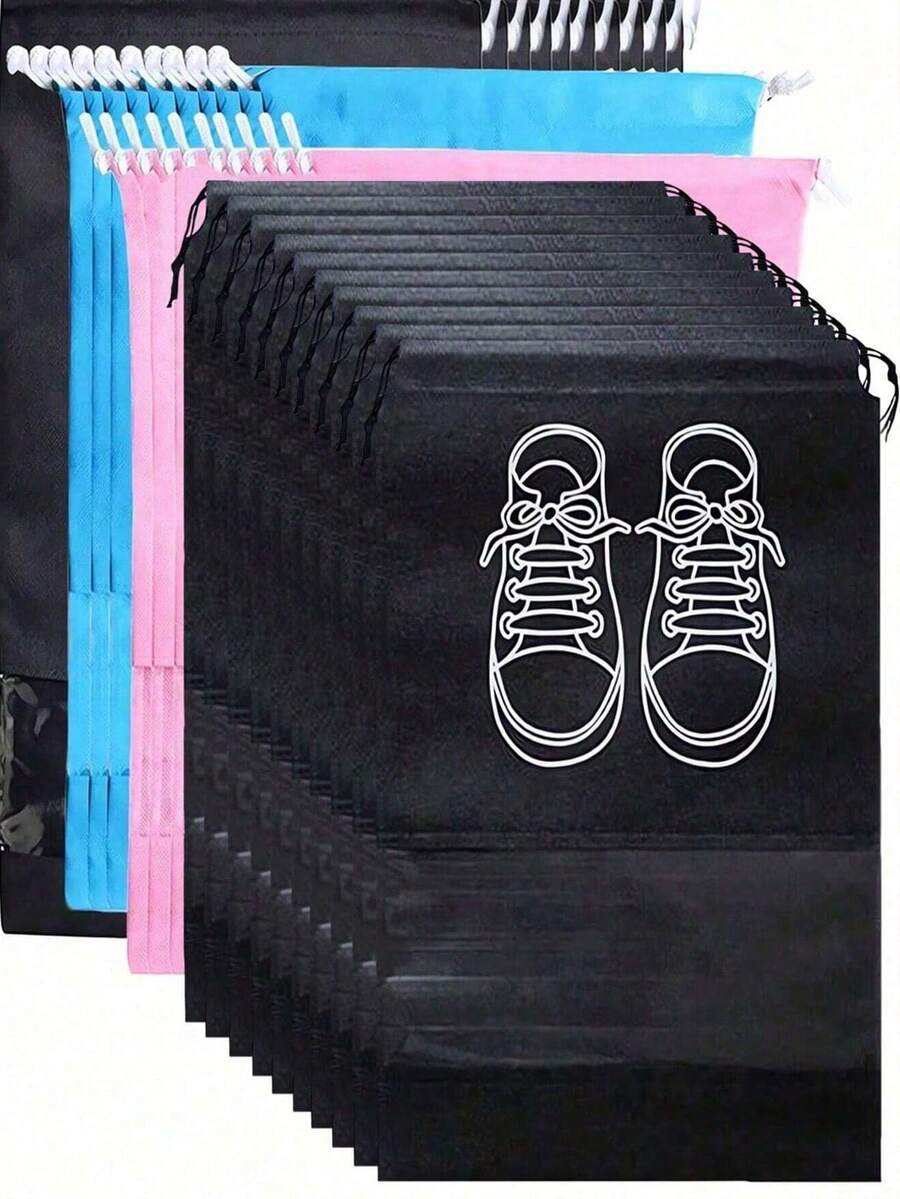 10pcs Non-Woven Fabric Shoe Bags, Plain Gray Color Dust-Proof Reusable Shoe Covers, Drawstring Closure Travel Shoe Storage Bags - Black - View 1