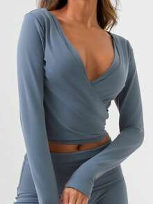 Women's Ballet Wrap Tops V Neck Long Sleeve Slim Fit Self Tie Workout Pilates Yoga Wrap Tops Y2k Dance Shirt - 藍色 - 查看 2