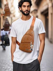 Bolso bandolera Shrrie para mujeres y hombres, bolso de cintura cruzado para mujeres y hombres, el nuevo clásico de moda de unicolor retro Joker, de tela impermeable de PU con bolsillo de vivo, diseño de bolsillo múltiple con orificio externo para auriculares