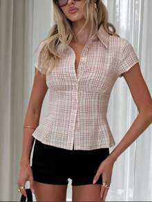 Women Y2K Plaid Summer Short Sleeve Button Up Shirt Collared Slim Fit Casual Blouse Top - Hồng - Xem 1