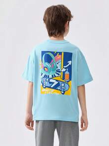 Balabala Boys' Quick-Dry 100% Cotton T-Shirt, Fashionable And Versatile Summer Piece - Ice Blue - View 3