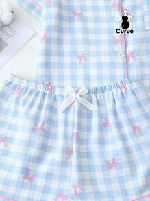 2pcs/Set Plus Size Women's Blue & White Plaid Bow Print Short Sleeve Collared Top With Pocket And Bow Shorts Pajamas Loungewear Set, Spring/Summer, Outfits