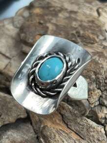 1 Unique Turquoise Ring With Retro Style Gold Metal Women's Ring, Suitable For Daily Matching Of Party Themed Activities