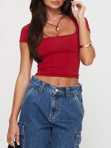 Women Short Sleeve Crop Tops Solid Color U-Neck Casual T-Shirts Summer Slim Fit Shirts Streetwear - 紅色 - 查看 5