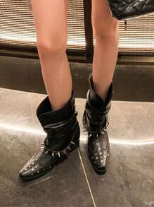 Botas hasta el tobillo, botas retro remachadas hasta la pantorrilla, botas de mujer francesas versátiles tipo western, botas de caballero, botas pequeñas