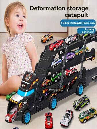 4-In-1 Transforming Truck Toy - Folding Launcher Vehicle With Sliding Transport Cars & Parking Tower, STEM Learning Gift For Ages 3+ (Colors Vary)