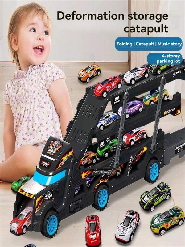 4-In-1 Transforming Truck Toy - Folding Launcher Vehicle With Sliding Transport Cars & Parking Tower, STEM Learning Gift For Ages 3+ (Colors Vary)