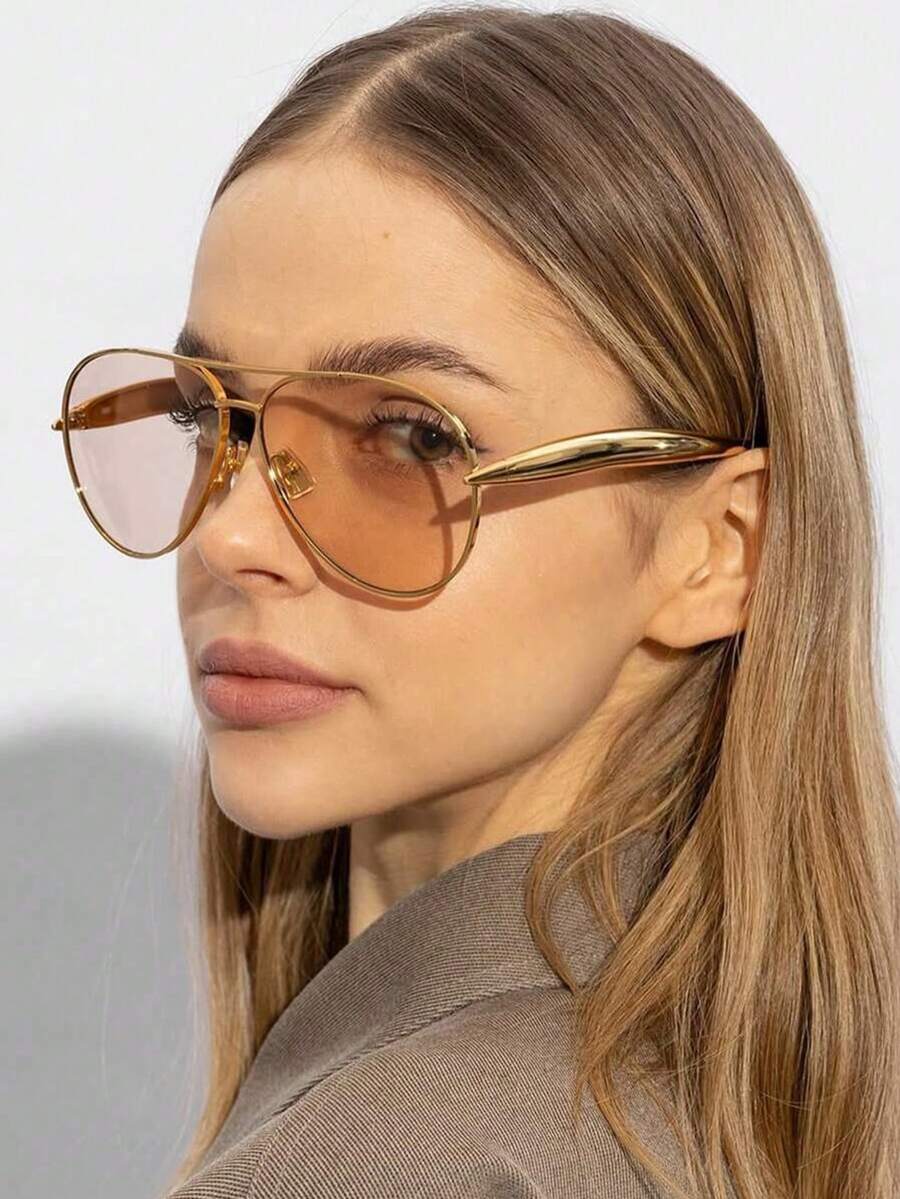 1 Pair Pilot Frame Glasses, Metal Double Bridge Toad Eye Glasses, Oversized Personalized European And American Fashion Women , Summer Holiday Beach Accessory - 香檳色 - 查看 1