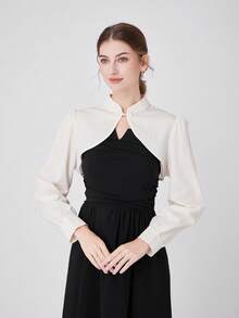 INNNEVV 1 件女士轻盈透气中式立领装饰休闲上衣，适合户外穿着