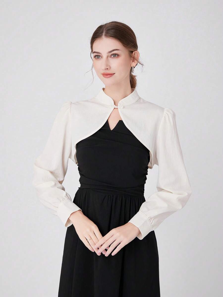 INNNEVV 1 件女士轻盈透气中式立领装饰休闲上衣，适合户外穿着