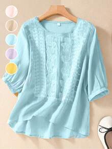 Blusa holgada estilo vintage con bordado para mujer, de mangas medias, para primavera/verano - Celeste - Ver 3
