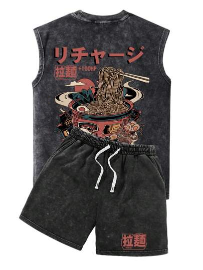 Shwiy 2st Vintage tvättad effekt för män, svart dragsko väst och shorts set, minimalistiskt retro ramentryck grafiskt linne och fritidsshorts, lämplig för vår sommar dagligt slitage