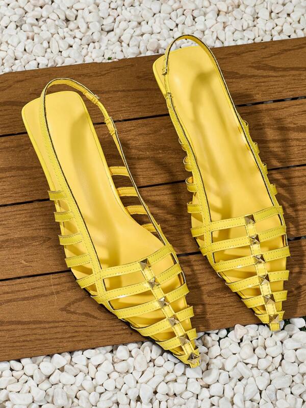 Ladies' Metal Rivet Decoration And Hollowed-Out, Elegant Ladies' High-Heeled Sandals, Thin Straps, Pointed Toe, And Cat-Shaped Ladies' High Heels, European And American Style Fashionable, Versatile, Comfortable And Elegant Yellow Sandals, Casual Commuting, Vacation, Date, Wedding, Party, Dance, Summer Ladies' Sandals